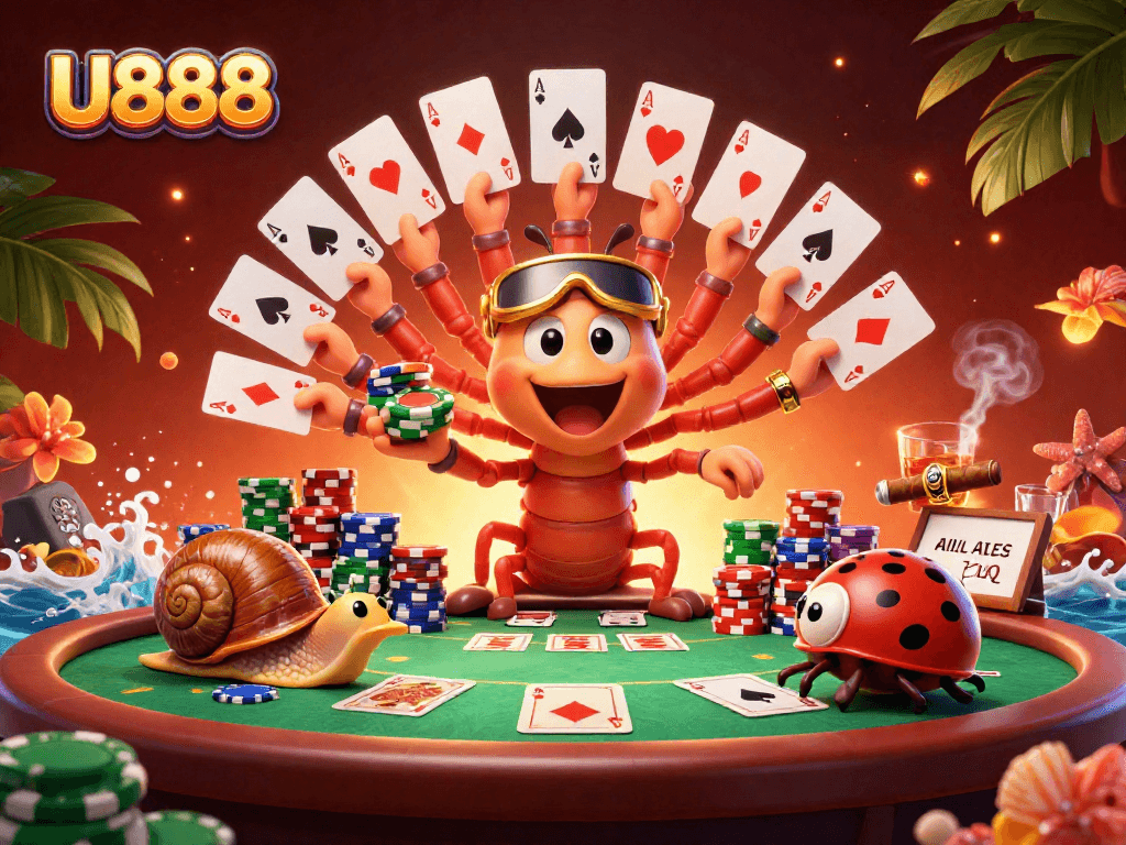 Action-packed illustration of U888 casino characters dealing cards and pushing chips in a vibrant gaming scene.
