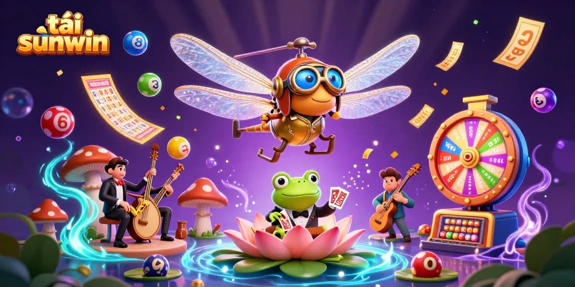 Engage with tải sunwin as a dragonfly pilot oversees a vibrant lily pad casino scene filled with dynamic lottery elements.