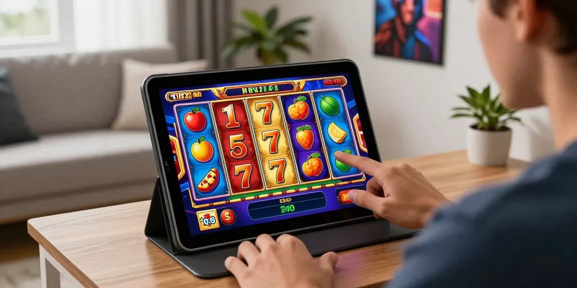 Person enjoying an online slot game on a tablet in a vibrant living room.