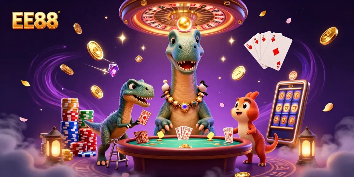 Experience EE88's vibrant casino scene with exciting game elements and engaging characters.
