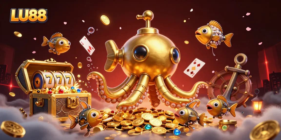 LU88 showcases a vibrant underwater scene with a golden kraken submarine amidst golden coins and slot reels.