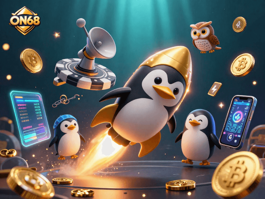 Experience ON68's thrilling gaming with a golden penguin heading towards a vibrant casino.