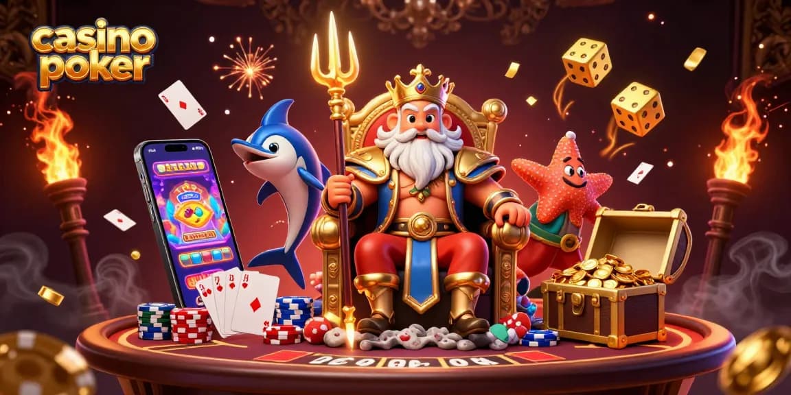 Play casino poker with a dynamic 3D scene featuring Neptune and card elements.