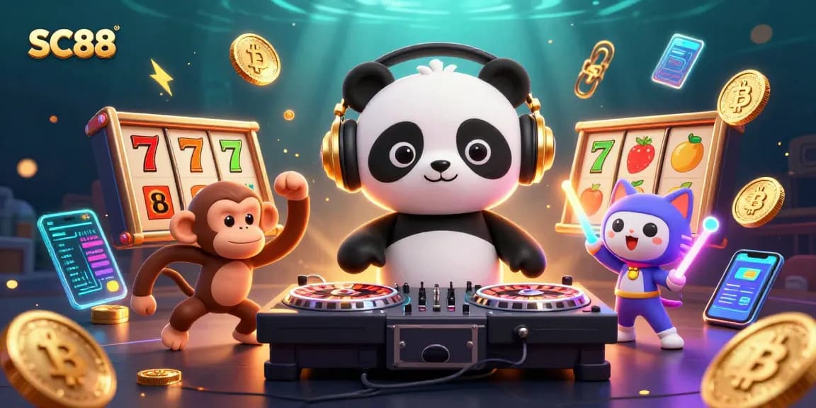 Spin with SC88 for jackpots in an energetic casino environment featuring vibrant characters.