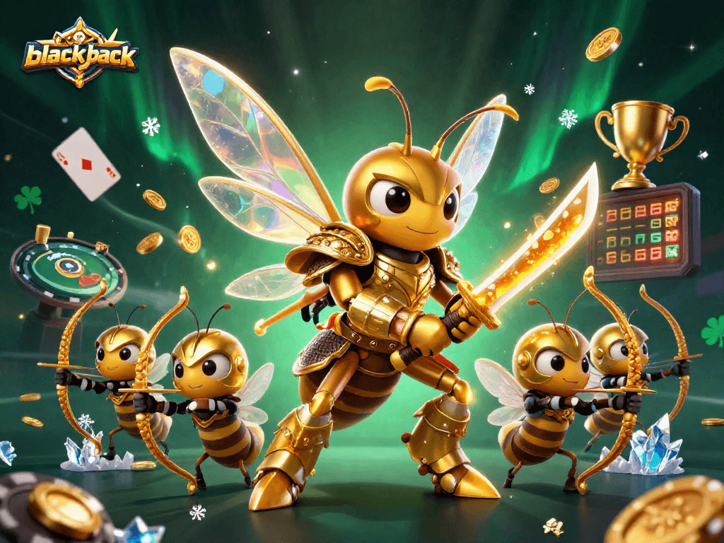 Experience the thrill of blackjack with a giant golden hornet samurai amidst glowing casino elements.