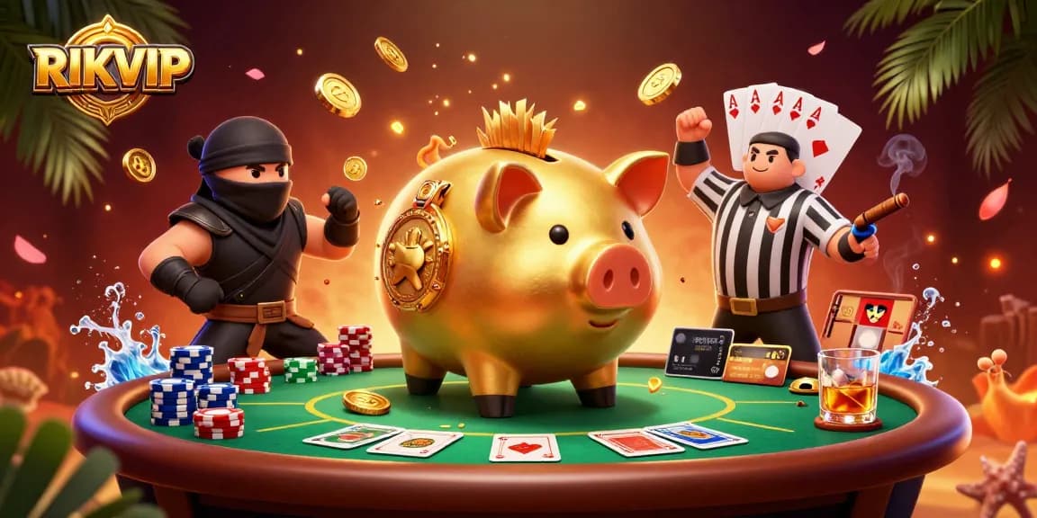 Experience thrilling gameplay with RIKVIP's engaging casino scene featuring vivid characters and vibrant poker elements.