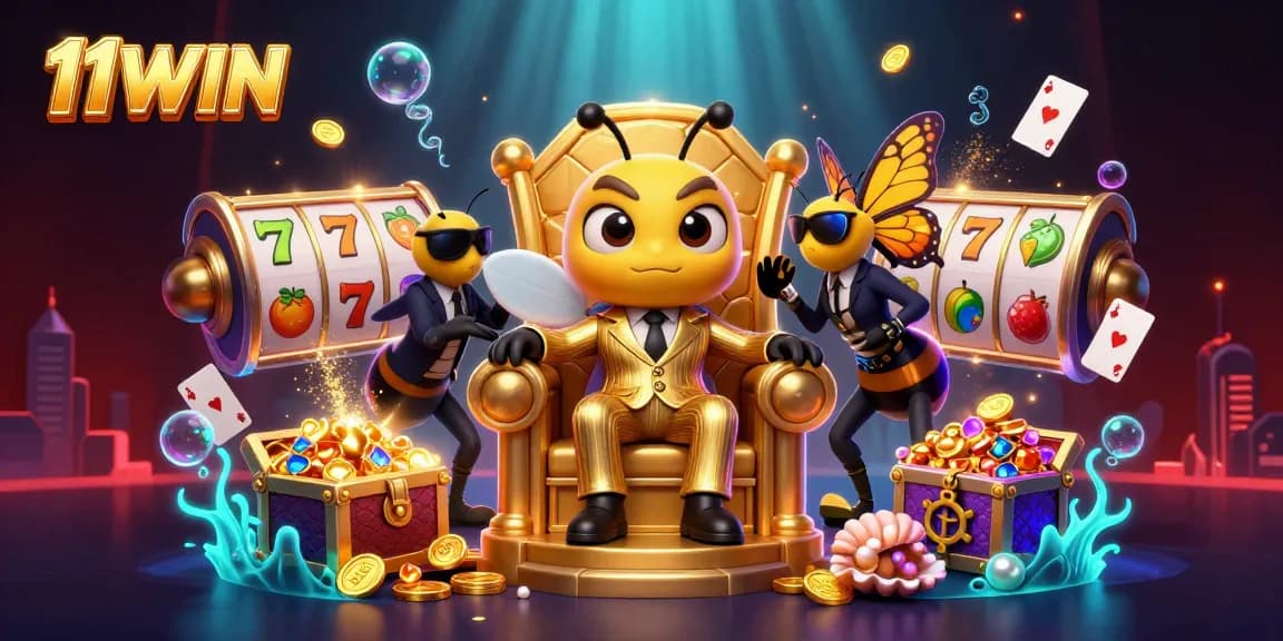 Experience vibrant gameplay with 11WIN's cartoon mob boss amidst slot reels and treasures.