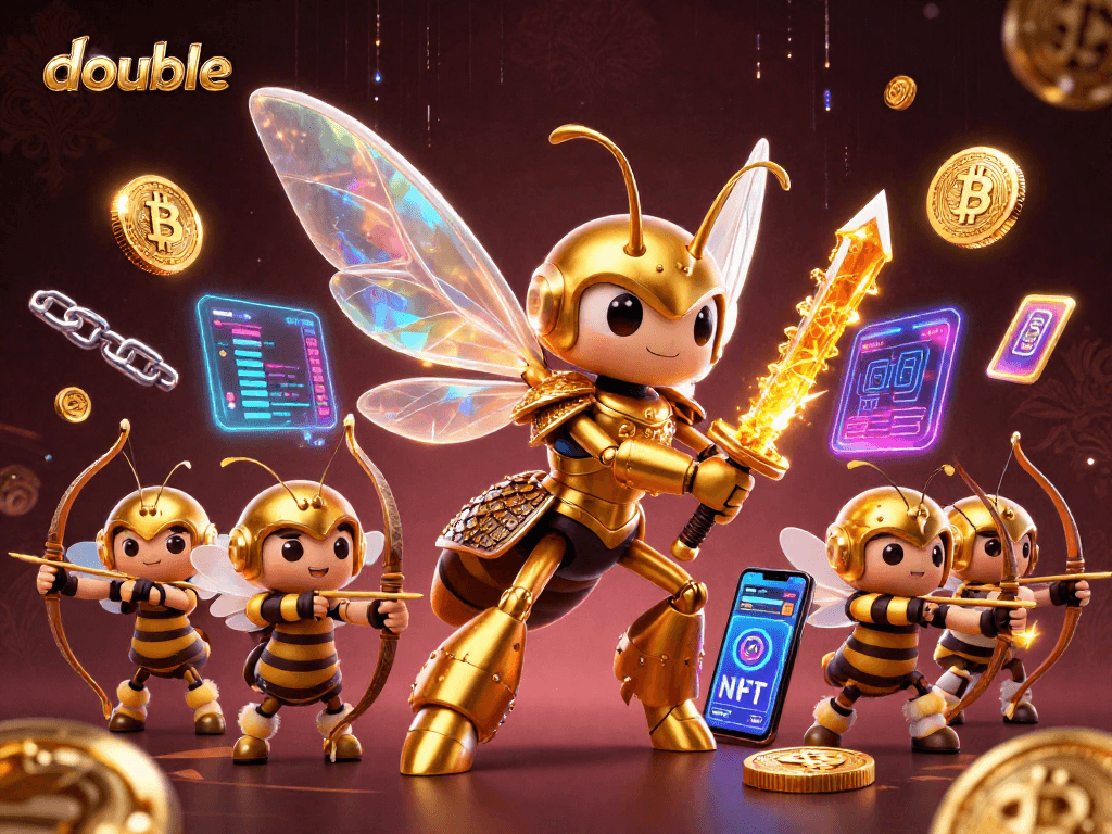 Double your excitement with a giant golden hornet in samurai armor and glowing cryptocurrencies in a vibrant casino scene.