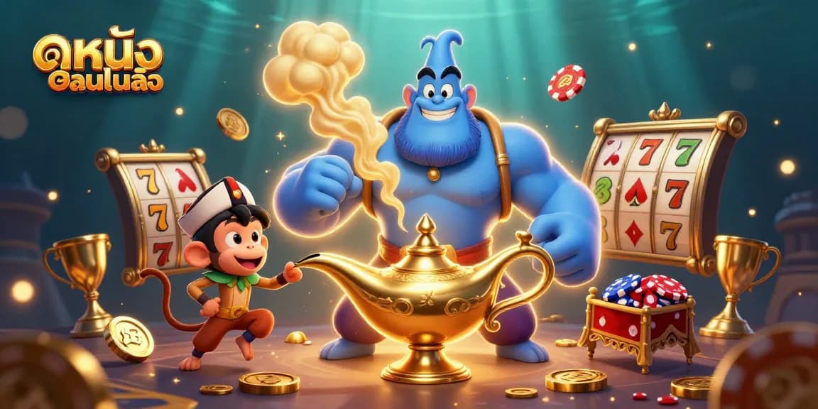 Engage with ดูหนังออนไลน์ while exploring the vibrant casino world featuring animated characters and slot machines.