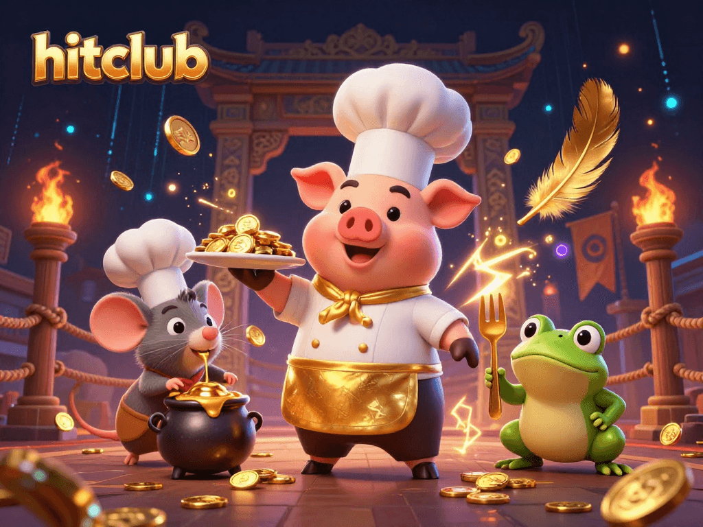 Experience hitclub's excitement with cartoon pig, mouse, and frog in a vibrant casino scene.