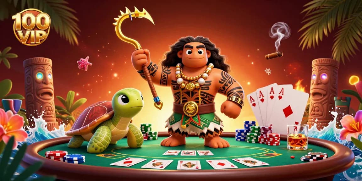 Experience thrilling poker action at 100VIP with a vibrant scene of gaming excitement and tropical charm.