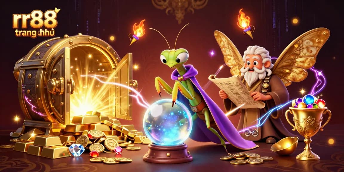 Engage with rr88 trang chủ, a vibrant casino scene showcasing fortune teller characters and riches.