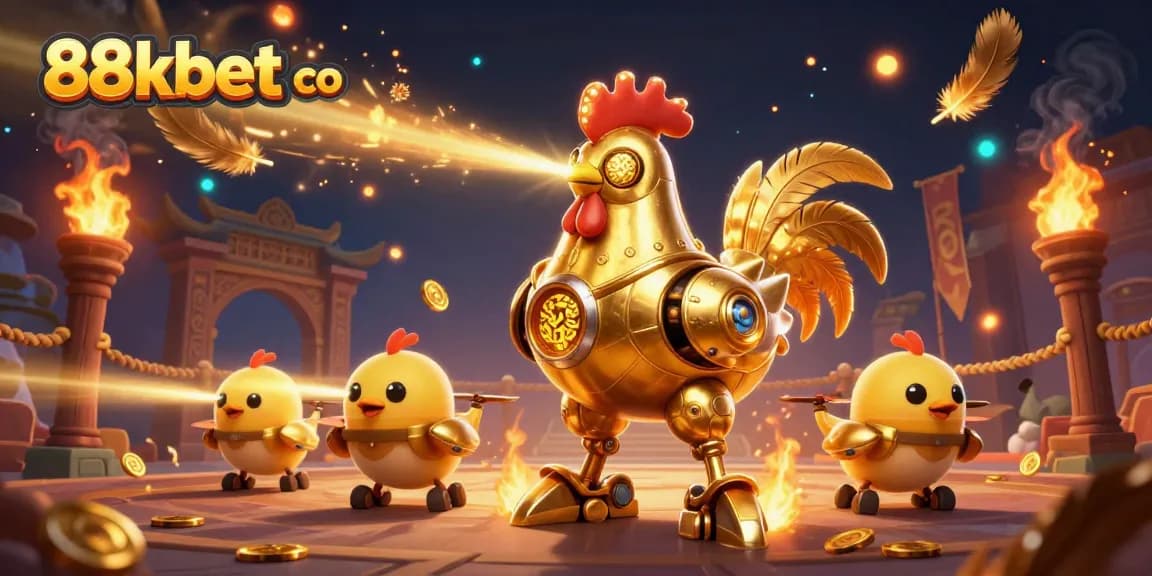 Engage with the thrilling action of 88kbet co as golden robot rooster leads baby chick drones through a vibrant, dynamic gaming scene.