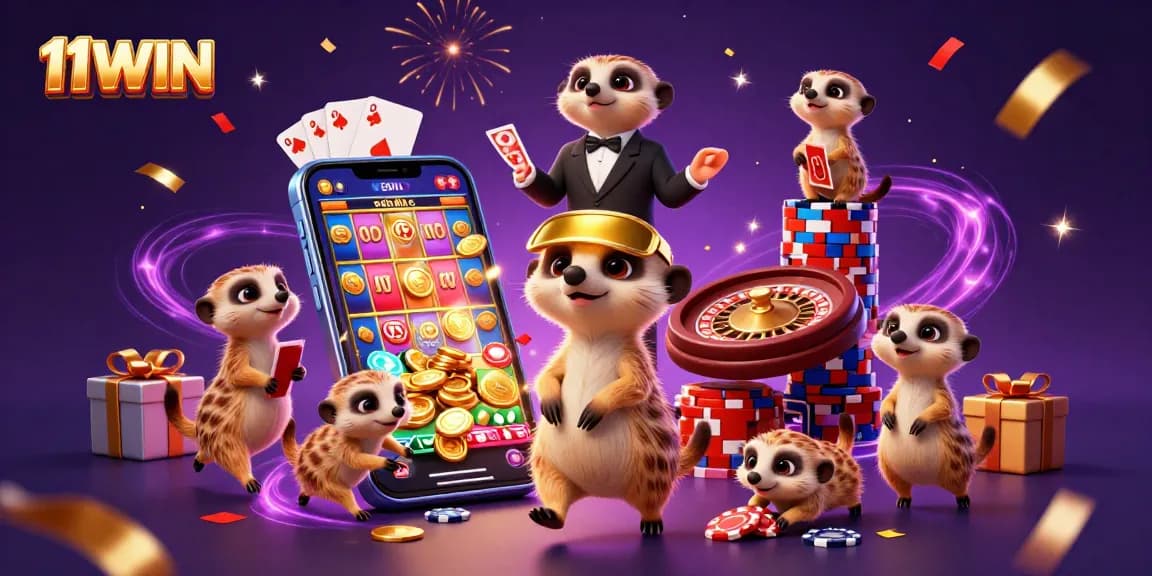 Engage in thrilling casino action with 11WIN's vibrant meerkat characters showcasing games and excitement.