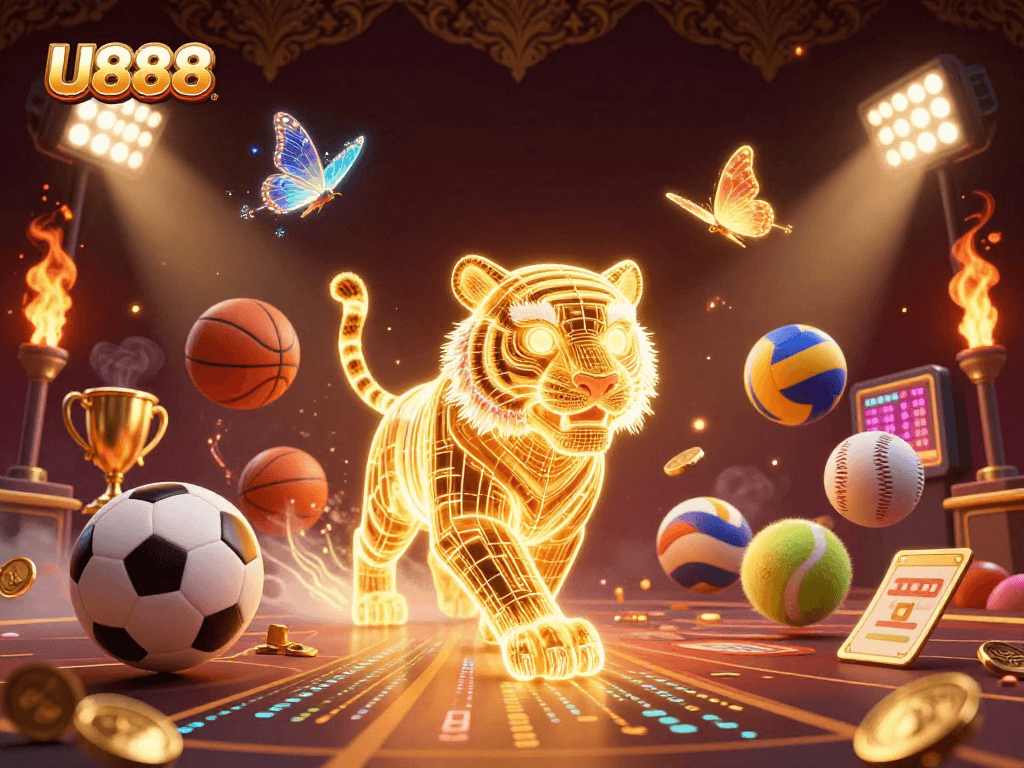 U888 provides thrilling casino excitement with a golden tiger and sports elements dynamically flying amidst a vibrant digital landscape.
