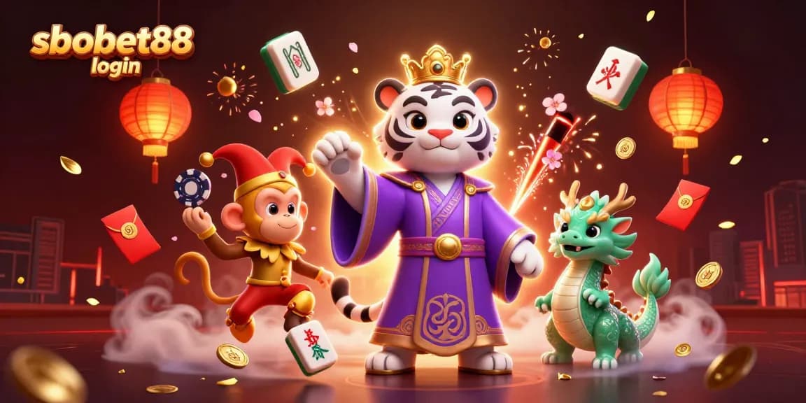 Experience sbobet88 login with vibrant characters in a lively online casino scene filled with gaming elements.