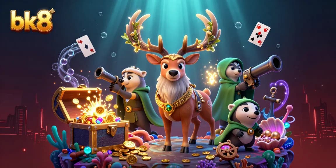 Engage in thrilling gaming at bk8 with an enchanting 3D illustration featuring druid stag and floating gems.