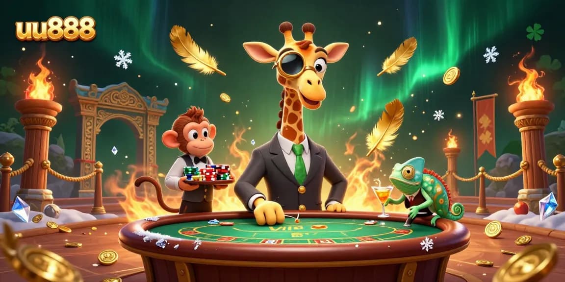 Experience thrilling gameplay at uu888 with a high-roller giraffe, poker table, and vibrant casino elements.