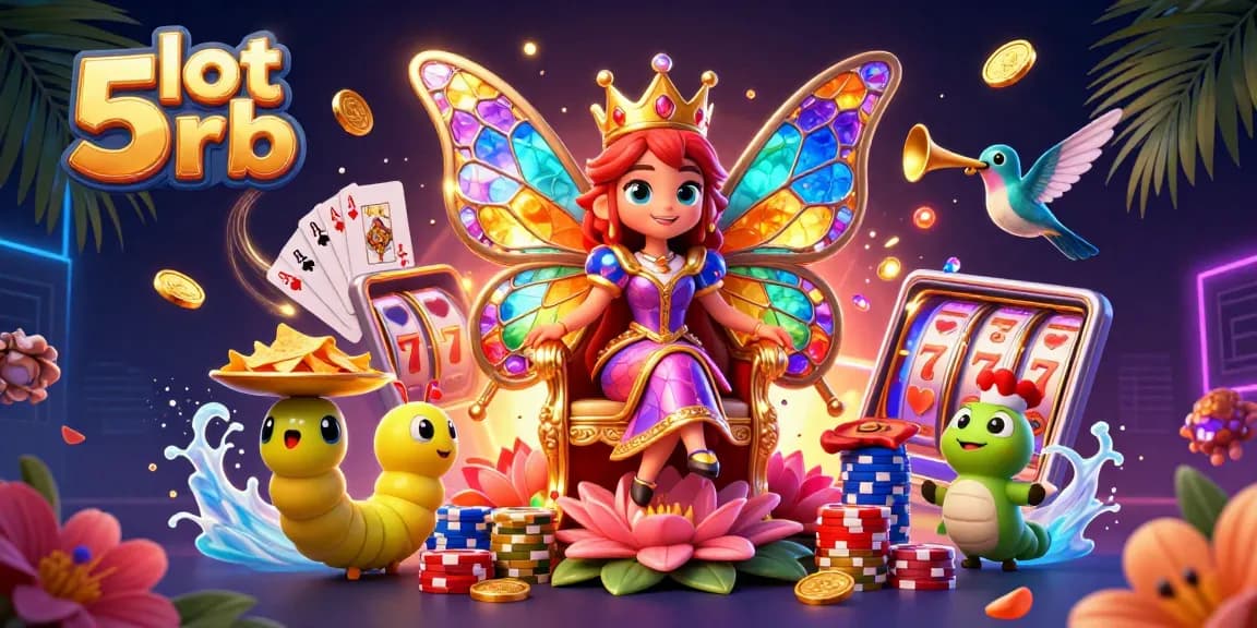 Win big on slot 5rb with vibrant 3D casino illustration showcasing a butterfly queen surrounded by slot reels.