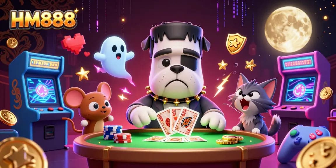 Join the thrilling HM888 gaming experience with a Frankenstein bulldog and spooky elements!