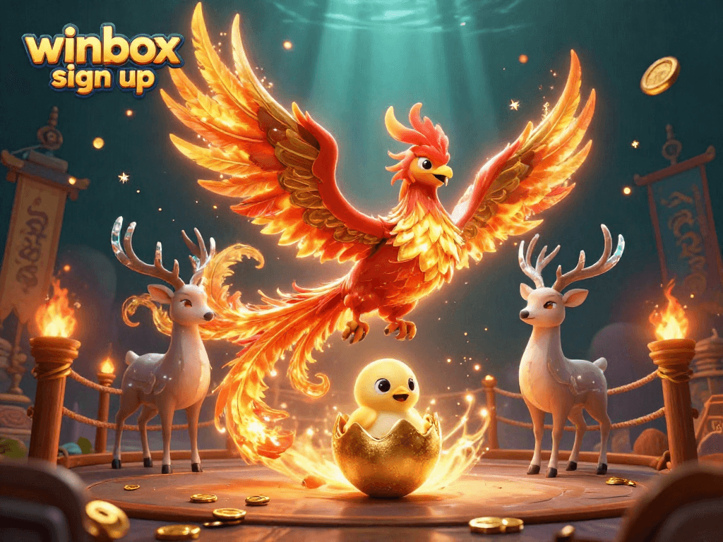 Engage with winbox sign up: a vibrant 3D scene showcasing a phoenix and mythical stag amidst casino elements.