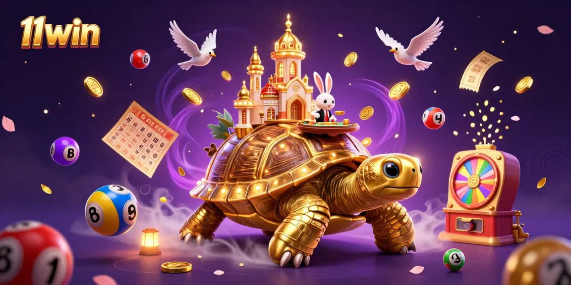 Engage with excitement at 11WIN's casino world, featuring dynamic lottery balls and festive elements.