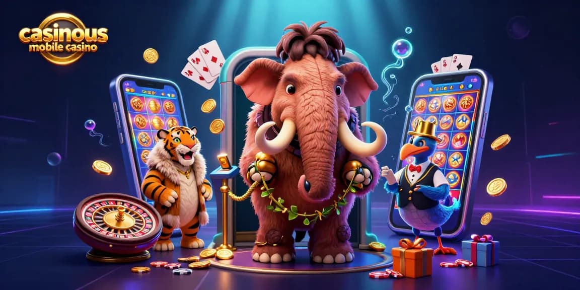 Casinous mobile casino features 3D characters in a vibrant scene celebrating gaming excitement with dynamic slot elements.