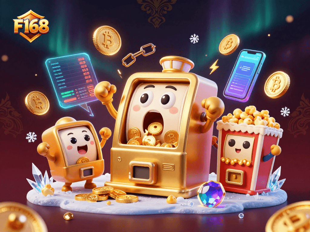 F168 Slot machine celebrates a jackpot win, surrounded by glowing crypto coins and cheering baby machines.