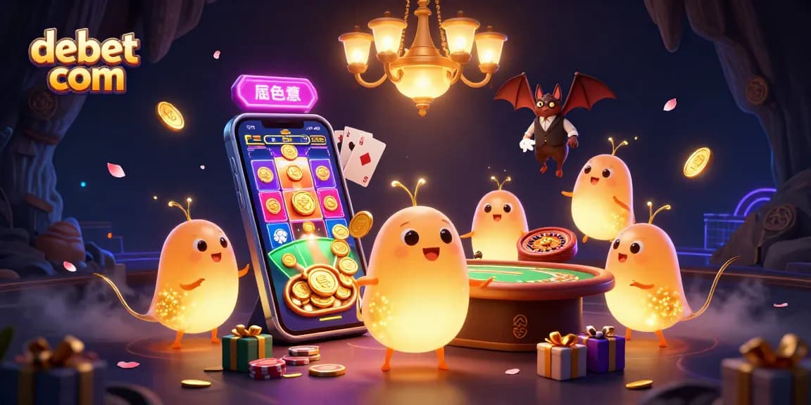 Experience luminous fun with debet com's vibrant casino scene featuring glowworms and a bat dealer.