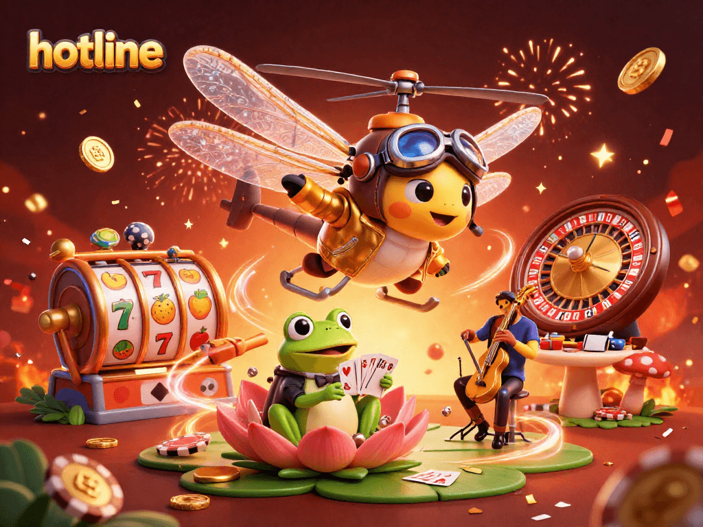 Engage in thrilling hotline casino action with an immersive dragonfly pilot and card-dealing frog in this vibrant scene.