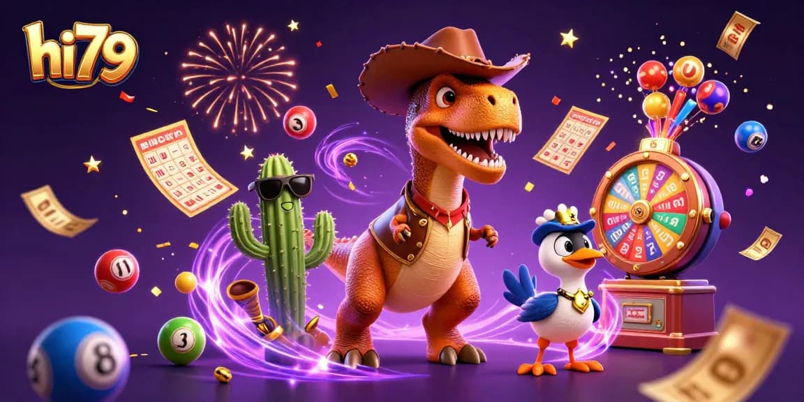 Engage in thrilling lottery action with hi79, featuring vibrant balls and lively characters.