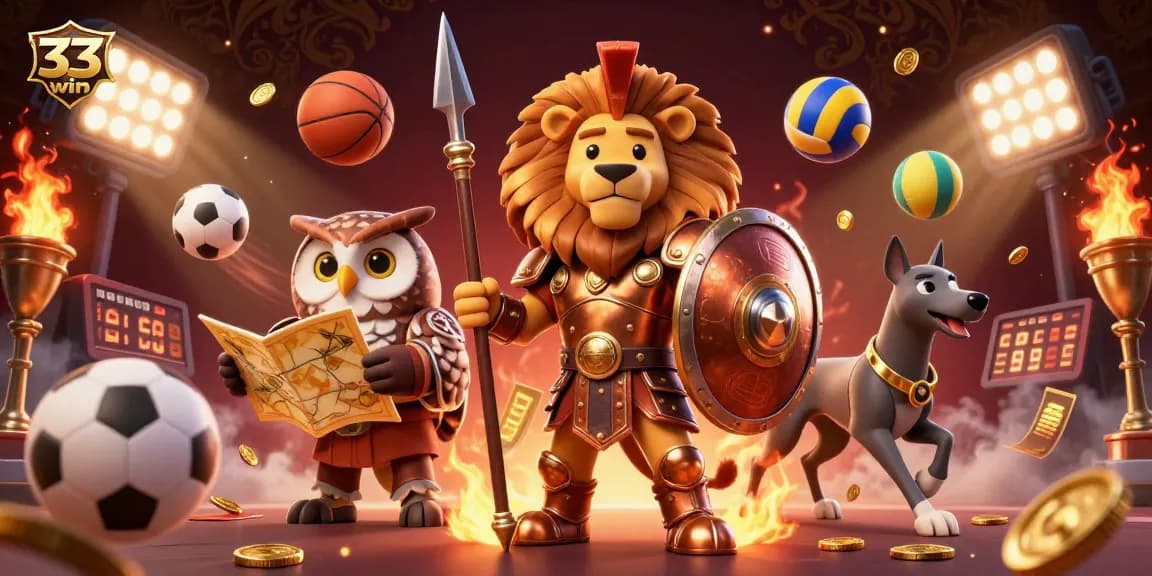Experience strategic gaming with 33win in a vibrant 3D casino atmosphere filled with sports elements.