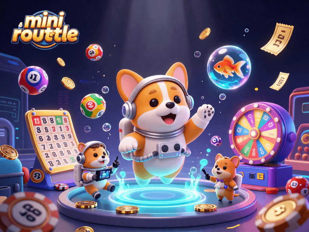 Experience the thrill of mini roulette with a vibrant scene featuring an astronaut corgi in a casino.