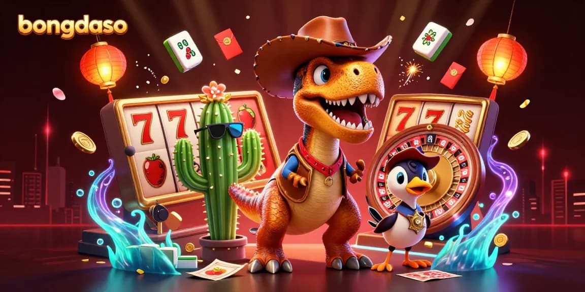 Bongdaso engages gamblers with dynamic slot reels and vibrant characters in an exciting casino atmosphere.