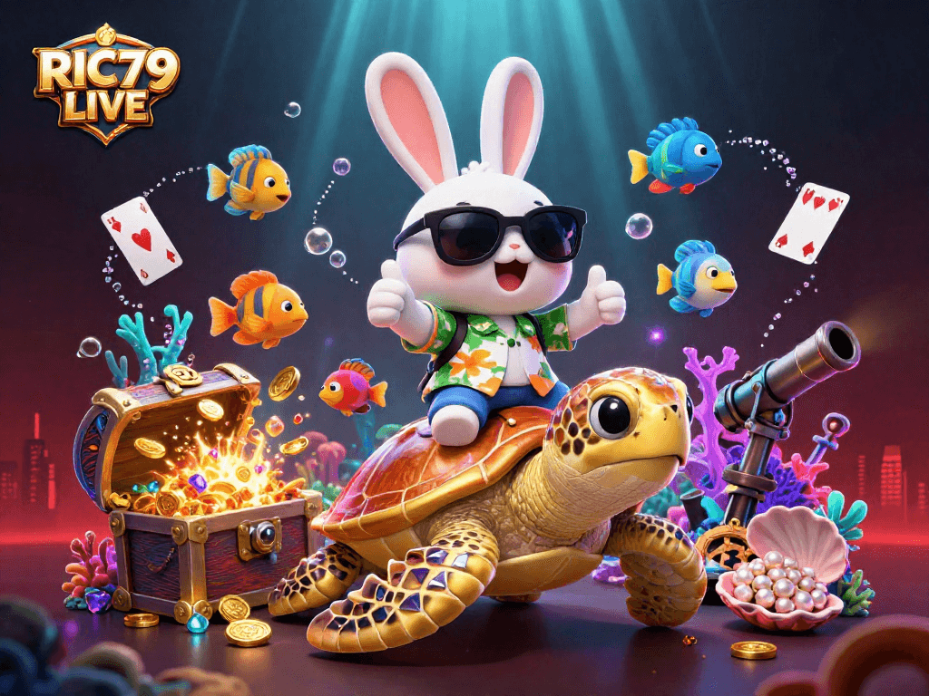 Experience thrilling wins with RIC79 LIVE in this vibrant 3D casino adventure illustration.