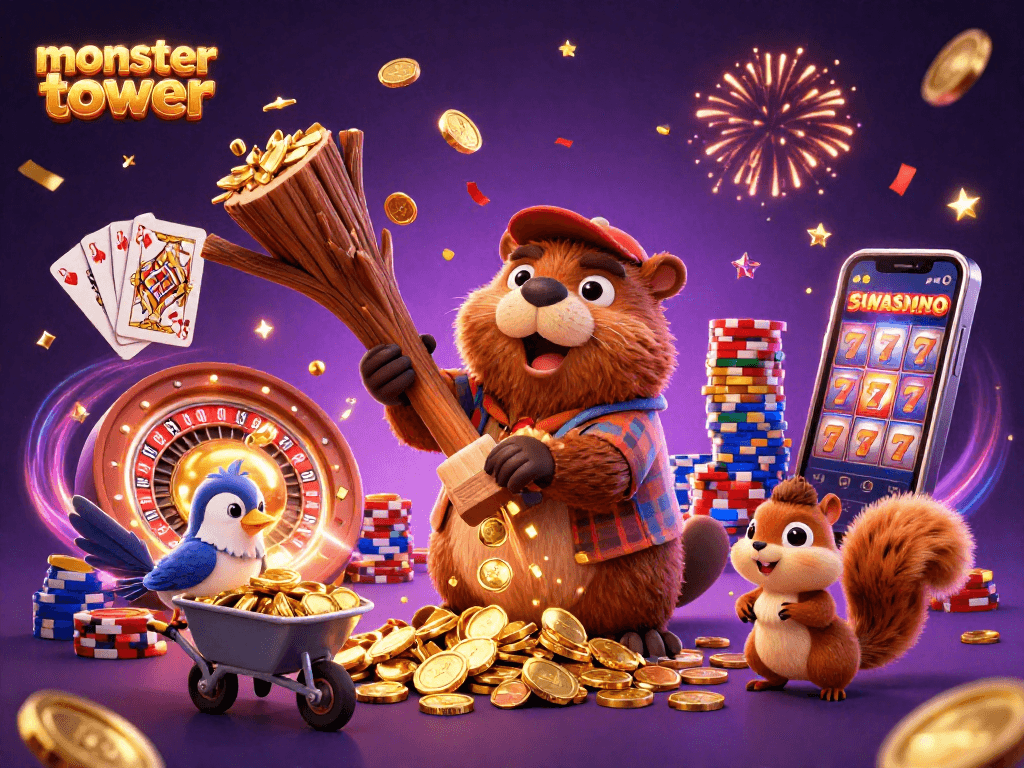 Engage in thrilling action with monster tower as the cartoon beaver chops for golden coins surrounded by casino elements.