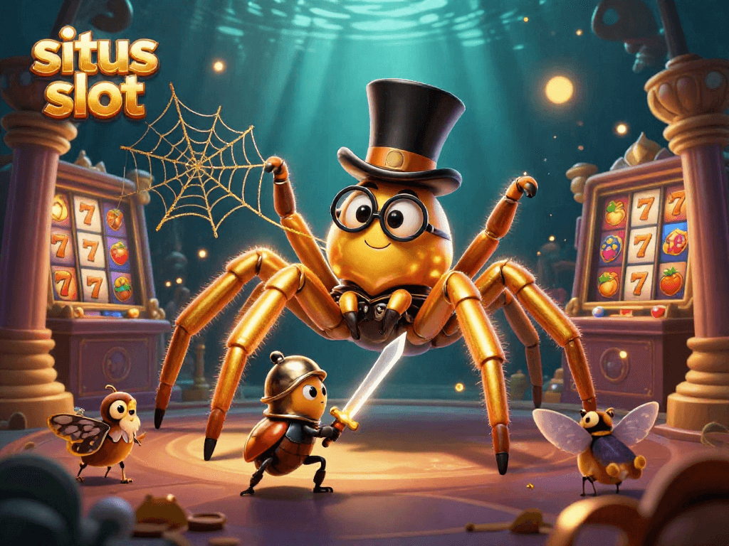 Experience thrilling situs slot gameplay with a golden tarantula and knight surrounded by exciting slot elements.