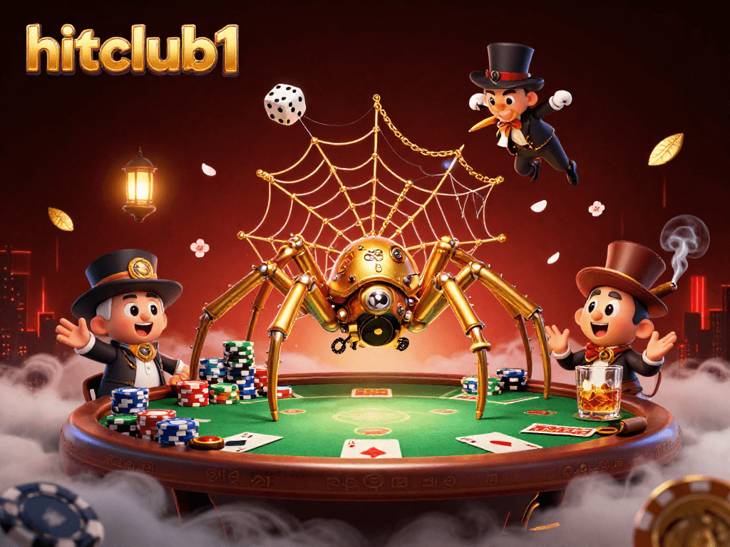 hitclub1 showcases a steampunk spider in a lively casino scene filled with poker elements and rich details.