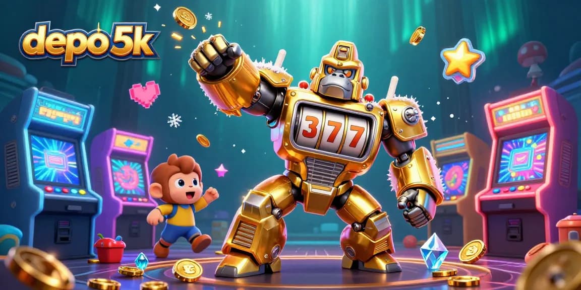 Engage in thrilling gameplay with depo 5k, showcasing a golden gorilla mech and vibrant arcade elements.