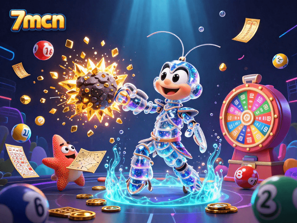 Win big with 7mcn as colorful lottery balls bounce around vibrant casino elements.