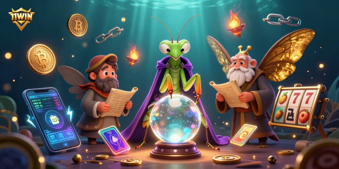 11WIN gamblers enjoy a vibrant casino scene featuring animated fortune tellers and dynamic game elements.