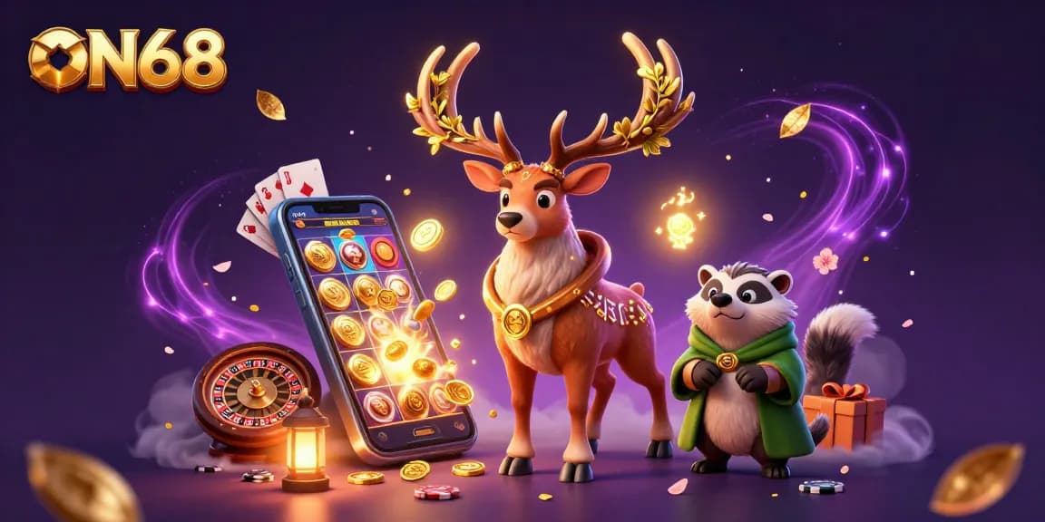 Experience ON68's thrilling rewards in this vibrant casino-themed illustration.