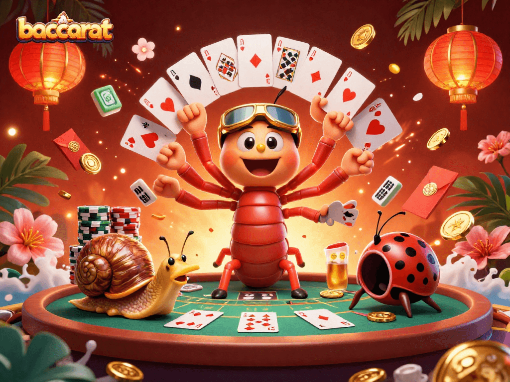 Baccarat table scene with a millipede dealer showcasing cards surrounded by festive casino elements.