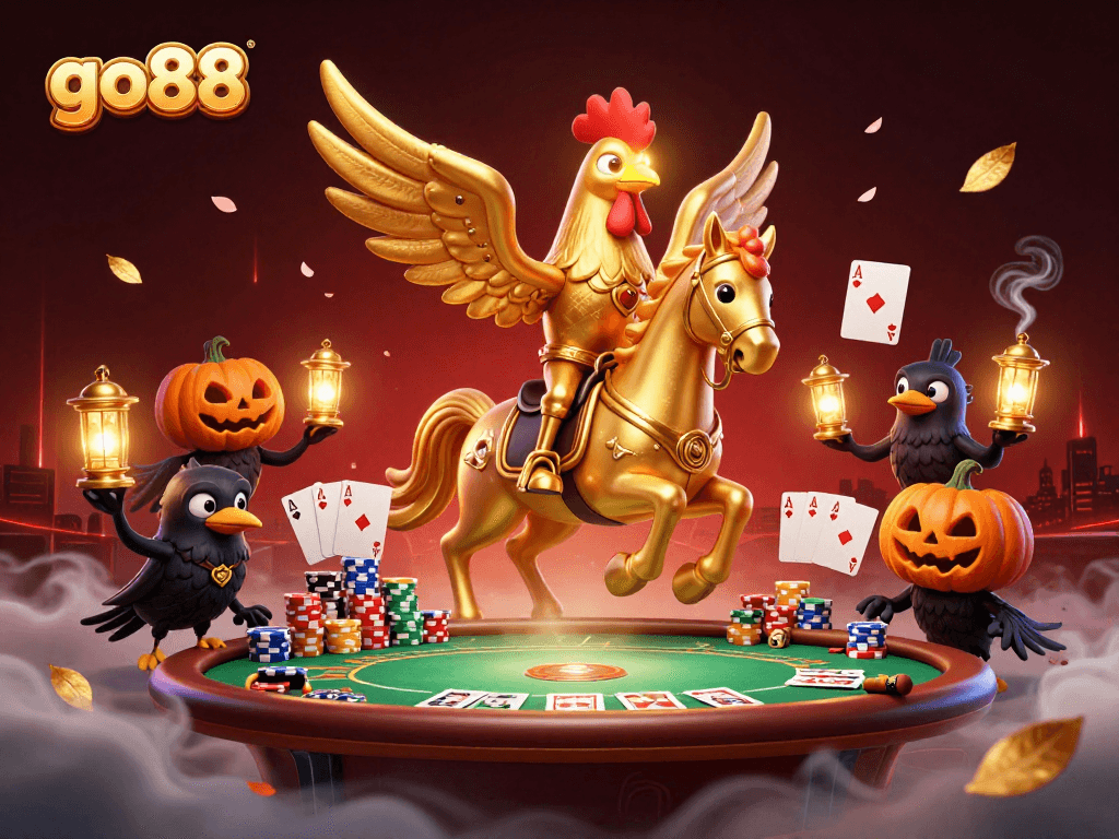 Experience go88's thrilling midnight casino with golden rooster riding a spectral horse.