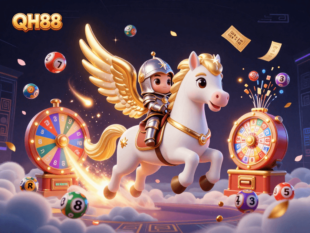 Experience the magic of QH88 with a celestial horse and vibrant lottery elements.