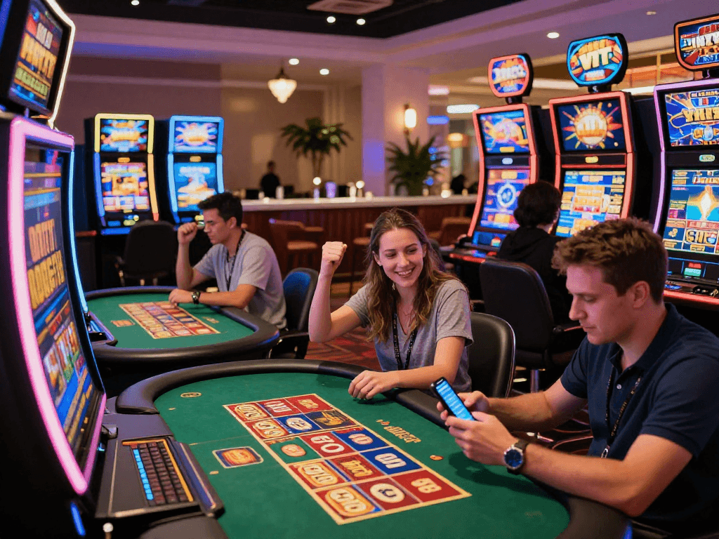 Players enjoying games at casinos not on GamStop, vibrant atmosphere with slot machines and table games.