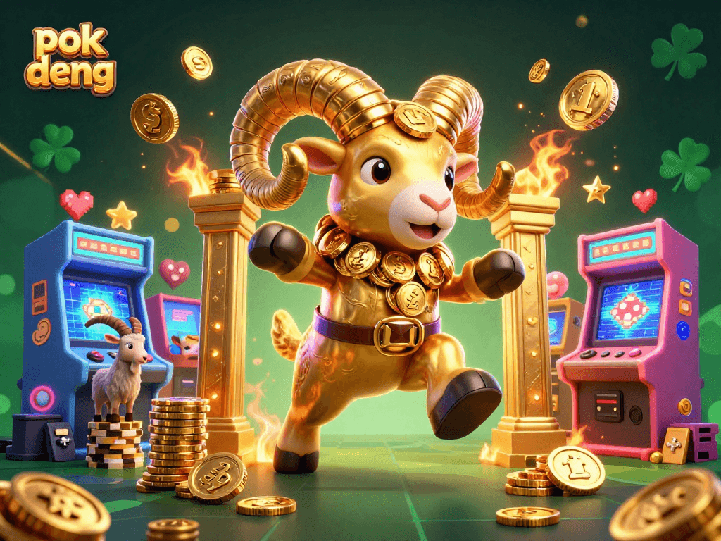 Experience the thrill of pok deng with a golden ram charging through vibrant casino game elements.