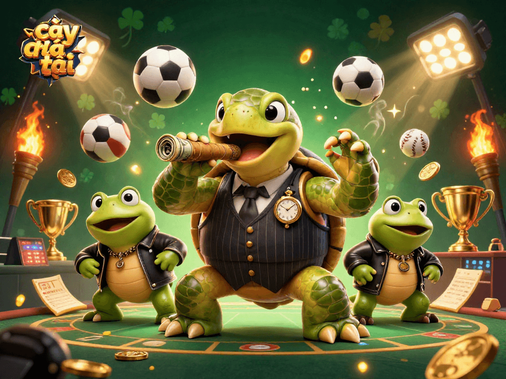 Catching big wins on cây phát tài with our snappy turtle mobster and frog enforcers on a vibrant casino floor.