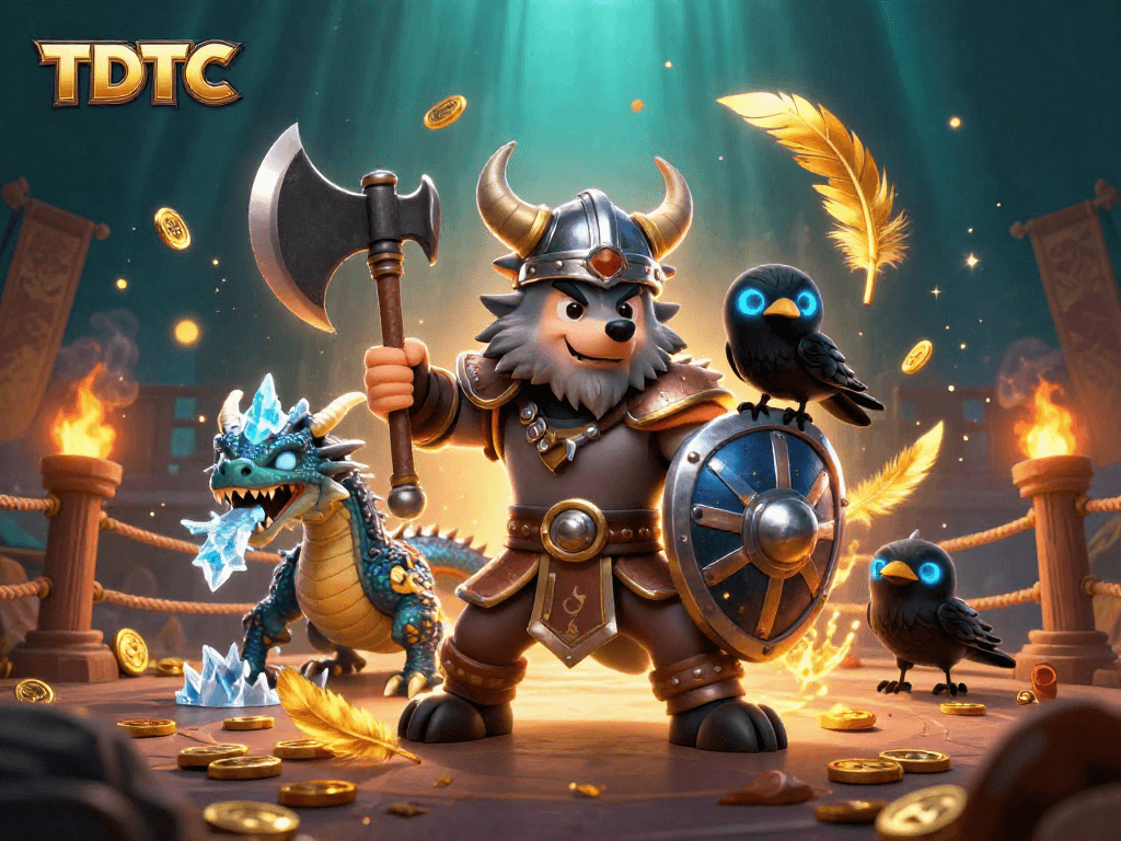 Engage in thrilling gameplay with TDTC's dynamic Viking warrior, dragon, and raven in an illustrated casino arena.