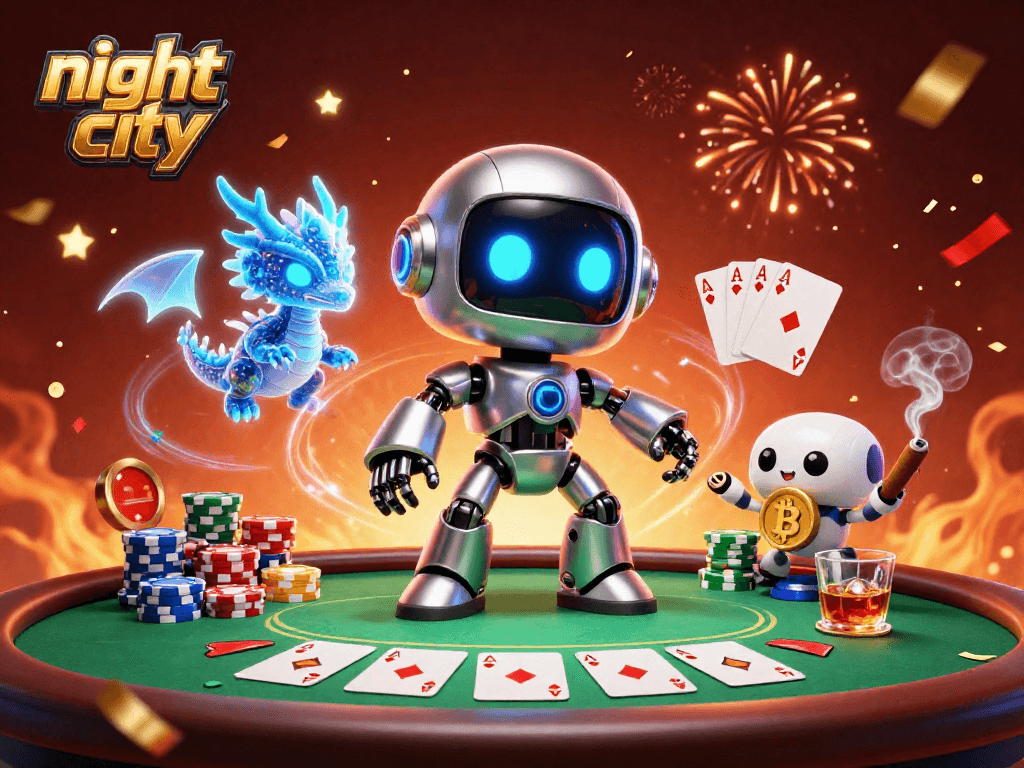 Experience the night city with a cyberpunk robot and AI dragon at a vibrant casino.